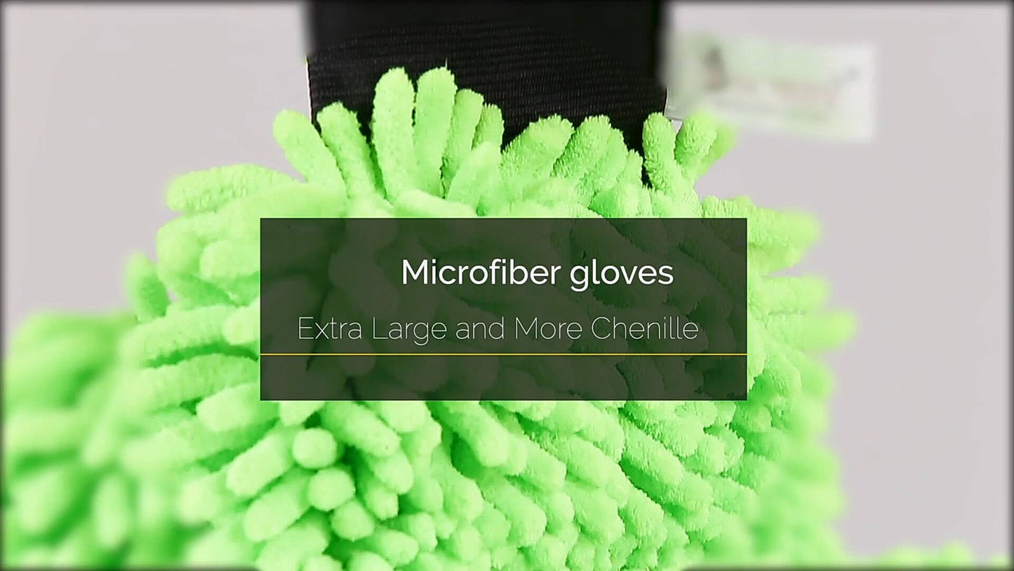 Microfiber Wash and Dust Chenille Mitt Cleaning Gloves (2 PCS Single Sided, Extra Large, Green color)