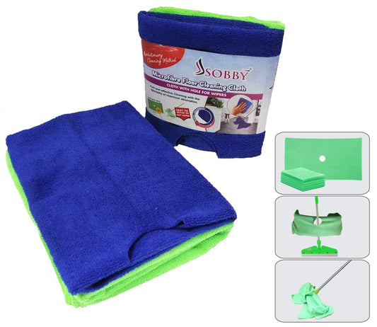 Pack of 2 sobby microfiber floor cleaning cloths with hole in center of cloth to fit in wiper, also diplaying demo image of how to fit these cloths in wiper