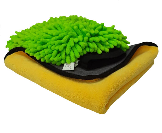 800 GSM Dual Sided Microfiber Towel and Chenille Car wash Mitt Glove 2 in 1 Combo for Car Cleaning and detailing