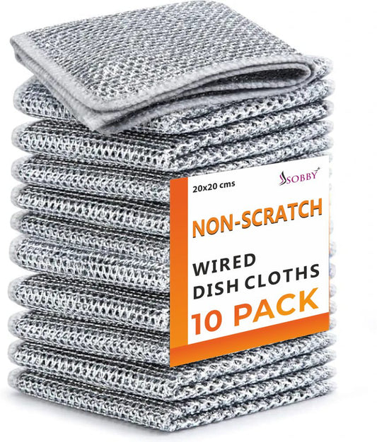 Non Scratch Wire Scrubber Dish Wash Cloth for Kitchen Reusable, Multipurpose Dishwashing Rags (Grey, 10pcs)