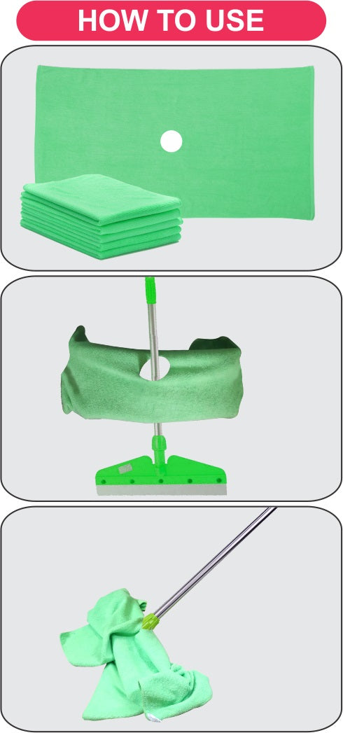 A how to use image explaining 4 green colour microfiber cloths with hole and how to fit these cloths to the wiper